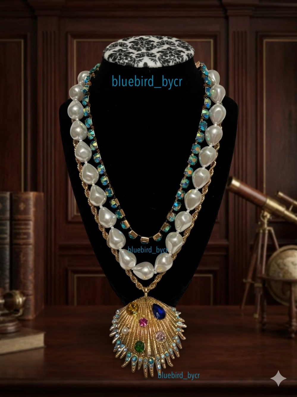 Natasha Gold Shell Pendant Necklace with White Pearls and Blue-Green Crystals - Picture 6 of 7